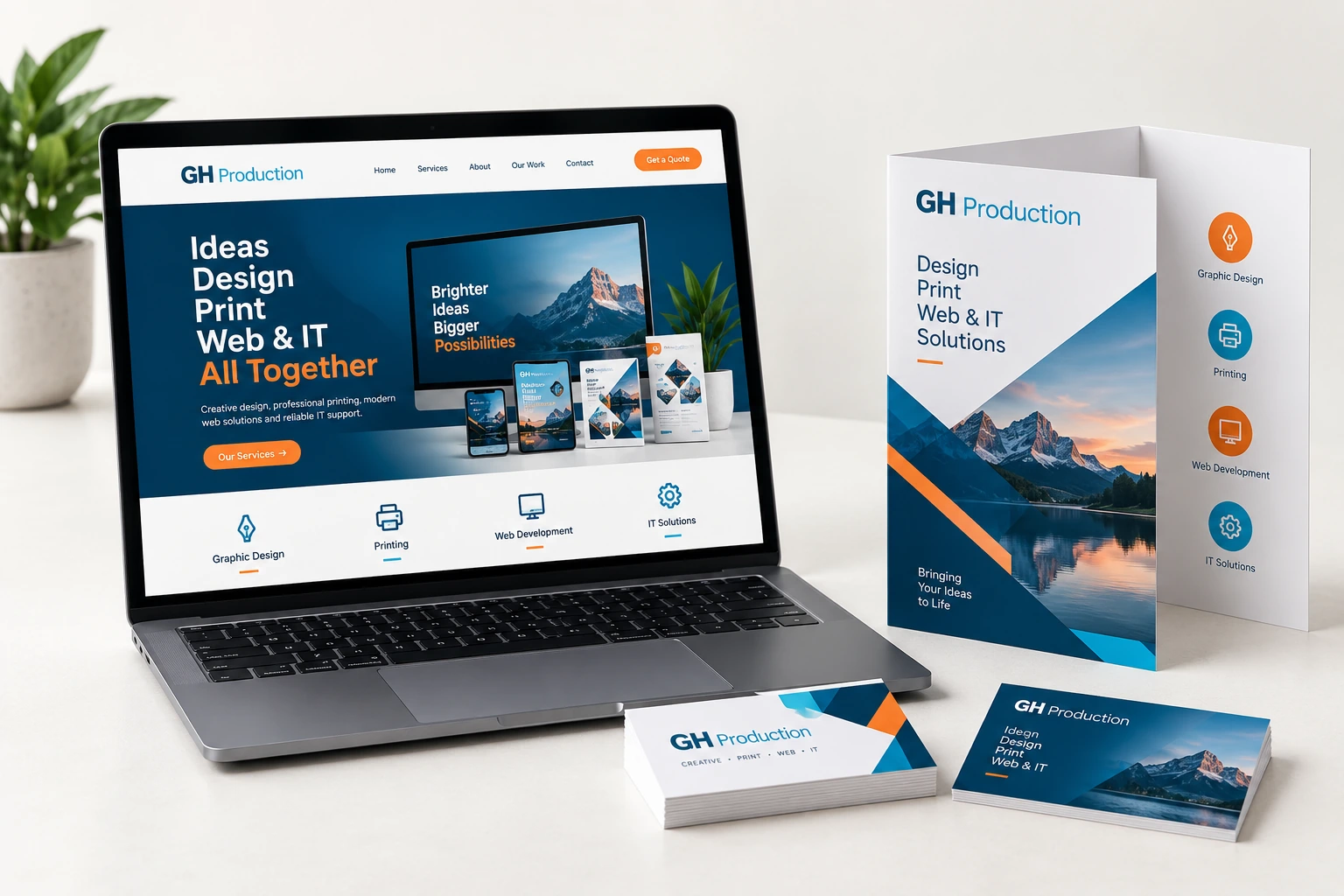Illustrative printed brochure, stationery and website composition